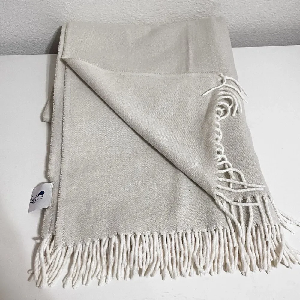 Lands Downunder Italian Herringbone Fringed Cream Throw Blanket Soft Italy
